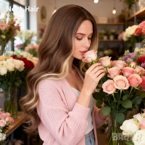 Ефектна кафява 66 см перука с руси предни кичури на път