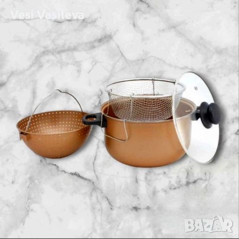 Материал: Въглеродна стомана Вместимост: 5.2 л. Диаметър: 24 см. Височина: 12.5 см. Медно незалепващ, снимка 2 - Съдове за готвене - 53654879