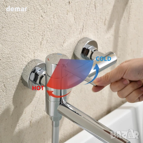 Стенен смесител за вана/душ за открит монтаж, 2-функционален, с въртящ се чучур, хром, снимка 8 - Смесители - 54027260