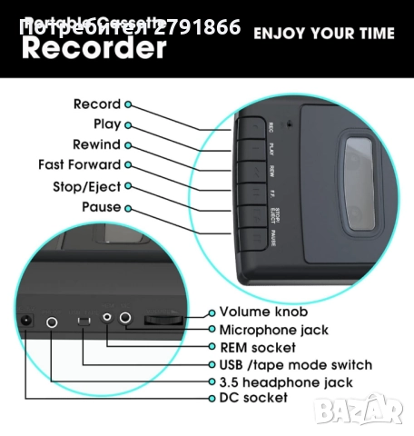 Преносим касетофон с отделен микрофон и вграден високоговорител, конвертиране на външен звук/касети , снимка 6 - Радиокасетофони, транзистори - 52857191