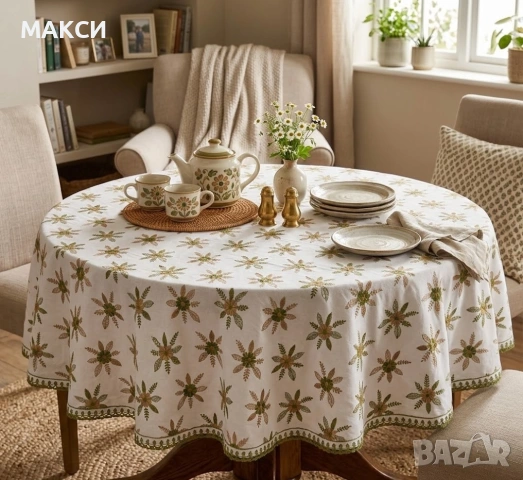 Разкошна памучна бяла покривка за кръгла маса с богата цветна красива бродерия и кант