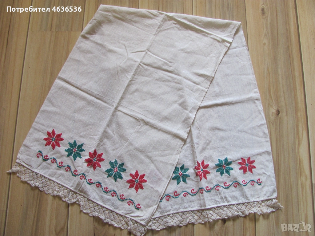 Кърпа, месал, ръчна бродерия и дантела, 144х48см., снимка 1