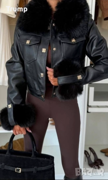 Хит! Стилно дамско яке, еко кожа , цвят черен черен пух,, снимка 1