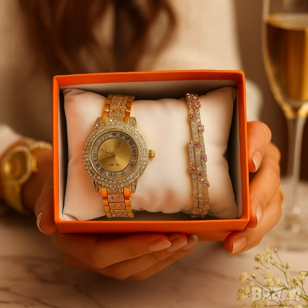 Бляскав дамски комплект часовник и гривна – съчетава елегантност и практичност, снимка 1