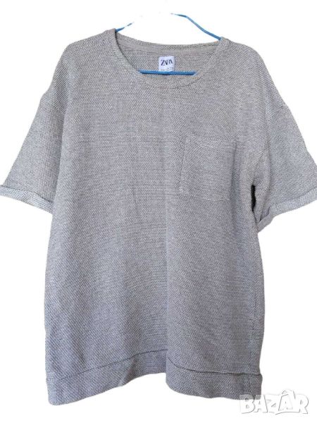 Мъжка плътна тениска с подгъв на ръкавите и джоб Zara, Бежова, XL, снимка 1