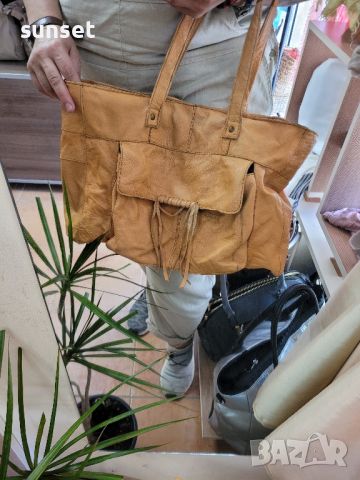 естествена кожа голяма чанта,натурален кафяв цвят  PIECES , снимка 5 - Чанти - 45840595