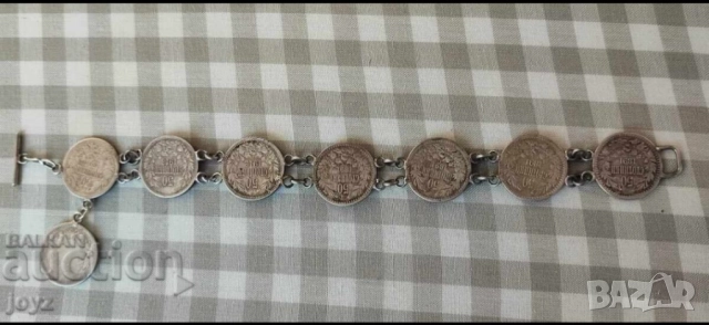 Стара сребърна гривна с монети     1883-1913г С Фердинанд 1 запазете спомен от Българския Лев и Исто, снимка 2 - Гривни - 52544384