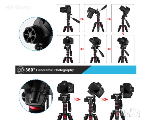 Висококачествен статив , мопод Andoer с панорамна глава 2м. / 5клг., снимка 3 - Чанти, стативи, аксесоари - 46359536