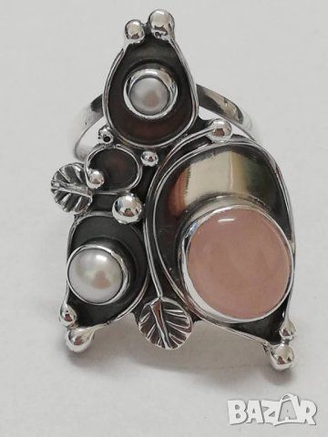 Нов сребърен пръстен с розов кварц и естествени перли