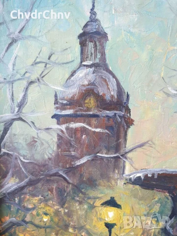 61х53см/абстрактна картина масло върху платно/градски пейзаж-зима-фонтан/дървена рамка, снимка 4 - Картини - 51019825