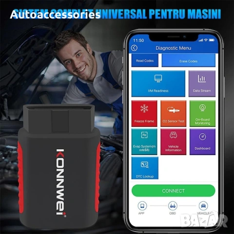 Инструмент за сканиране и диагностика на автомобили, Konnwei Kdiag, OBD2, Bluetooth 5.0, 9 - 18 V, С