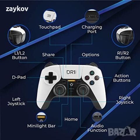 DR1TECH ShockPad II безжичен контролер за игри за PS4/PS3, съвместим с PC/iOS и двойна вибрация, снимка 3 - Аксесоари - 45101343