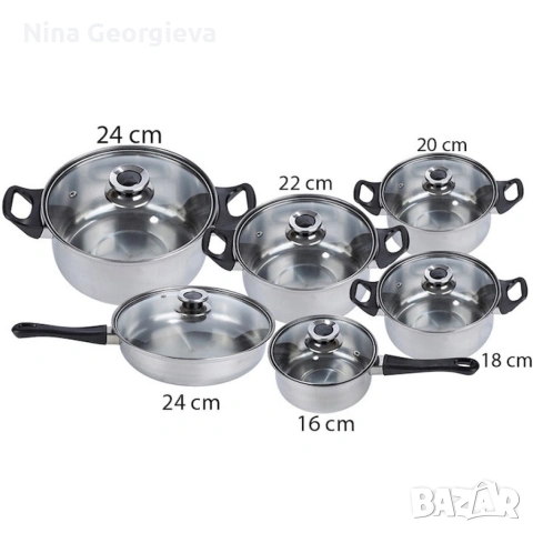 Комплект готварски съдове от инокс 12 части: 5 тенджери, тиган и стъклени капаци (16-24 см), снимка 3 - Съдове за готвене - 53849542