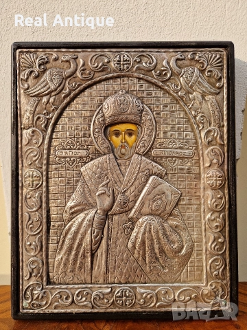 Прекрасна антикварна сребърна икона Свети Никола сертификат , снимка 3 - Антикварни и старинни предмети - 52648422