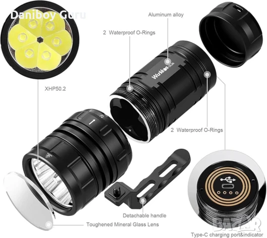 Фенерче за гмуркане Wurkkos DL06 Max 15000 лумена, 100° ъгъл на лъча, 6 LED диода, водоустойчиво, снимка 4 - Екипировка - 50965675