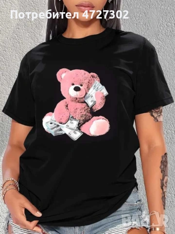 Дамска тениска за пролет и лято с къс ръкав, кръгло деколте и принт на мече, снимка 2 - Тениски - 53454231