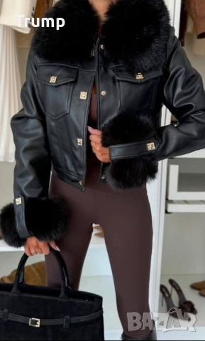 Хит! Стилно дамско яке, еко кожа , цвят черен черен пух,