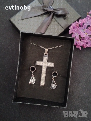 Колие с кръст и обеци / Дължина на колеето: 49см, снимка 3 - Колиета, медальони, синджири - 53843390