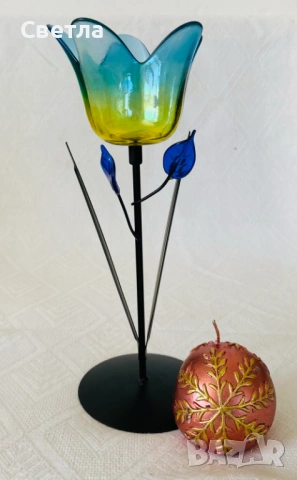 Муранско стъкло 3 броя за обща цена € 140. Винтидж ваза/паун и 2 бр. свещници, закупени от Венеция., снимка 5 - Декорация за дома - 54173164
