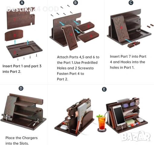 Дървена поставка органайзер за телефон, часовник и портфейл, снимка 6 - Декорация за дома - 53708956