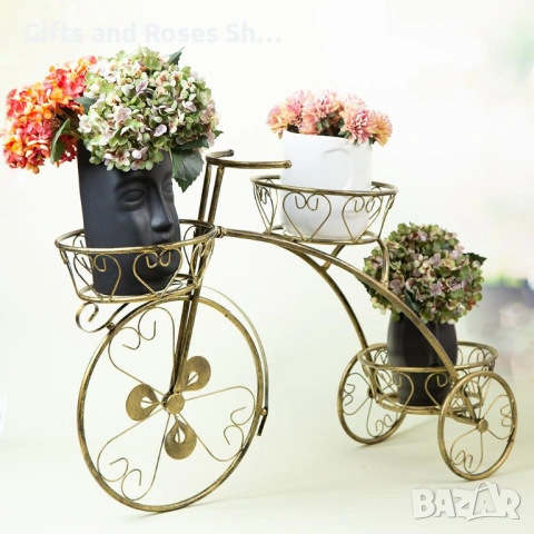Поставка за 3 саксии - Колело, метална в златно
