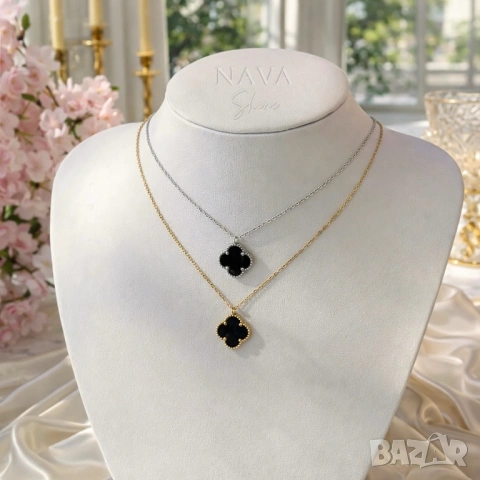 Колие от медицинска стомана с черна детелина - златно и сребърно