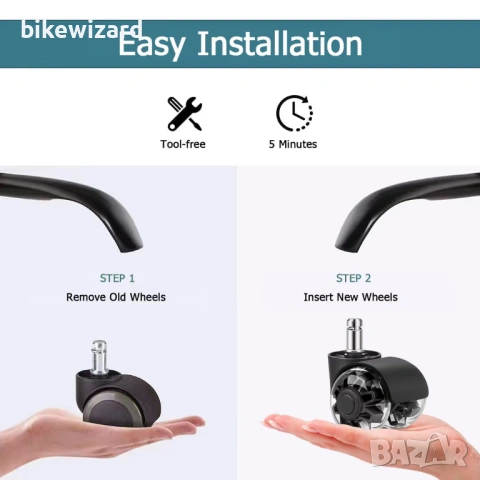 Комплект от 5 резервни колелца за офис столове за твърди подове  НОВИ, снимка 3 - Столове - 54152772