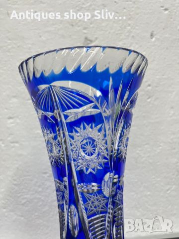 Бохемска кристална кобалтово / синя ваза. №5394, снимка 2 - Антикварни и старинни предмети - 45761499