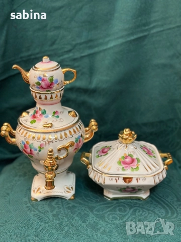 Нов комплект порцеланов самовар и захарница Гжель/Гжел, снимка 5 - Антикварни и старинни предмети - 52860180