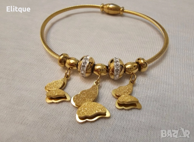 Елегантна дамска твърда гривна от медицинска стомана с бляскави пеперуди и камъни цирконии, снимка 6 - Гривни - 52656969