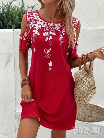 Къса червена рокля с паднали ръкави, снимка 1