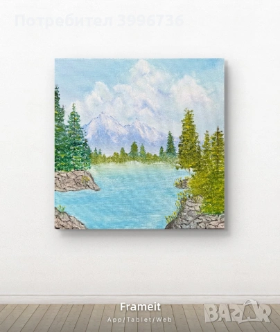 Маслена картина - Планински пейзаж с езеро - 40x40 см