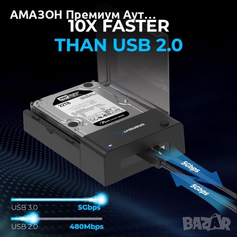 SABRENT USB 3.0 Lay-Flat докинг станция>2,5/3,5” HDD/SSD към SATA външен твърд диск/UASP (EC-DFLT), снимка 6 - Захранвания и кутии - 46169066