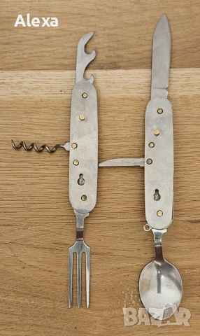 Къмпинг прибор 6 в 1 комбиниращ вилица лъжица отварачка ножче тирбушон шило, снимка 3 - Прибори за хранене, готвене и сервиране - 53541442