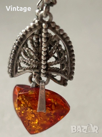 Антикварни сребърни съветски обеци с кехлибар  