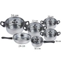 Комплект готварски съдове от инокс 12 части: 5 тенджери, тиган и стъклени капаци (16-24 см), снимка 3