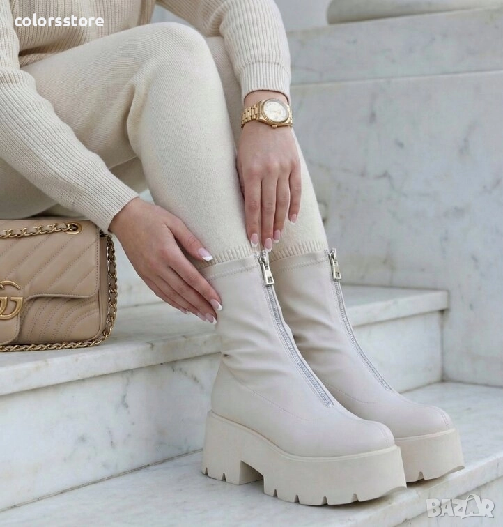 Боти на платформа - бежова кожа - LT10 , снимка 1