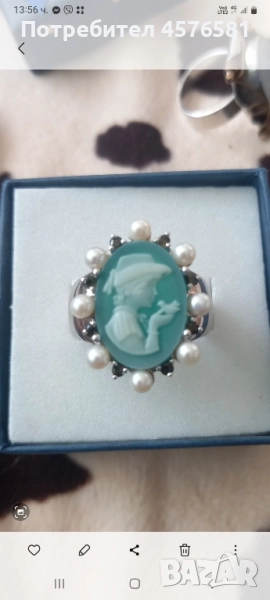 рядко срещан сребро с 2 печата халцедон перли идиамантчета 19мм, снимка 1