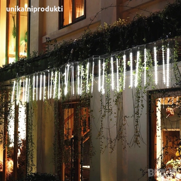 коледни лампички падащ сняг 3м х 50см 8бр. студено бяла светлина LED , снимка 1