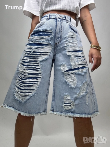 -50 % есктравагантен Къс дънков панталон, накъсан ефект, интересен джоб, снимка 1