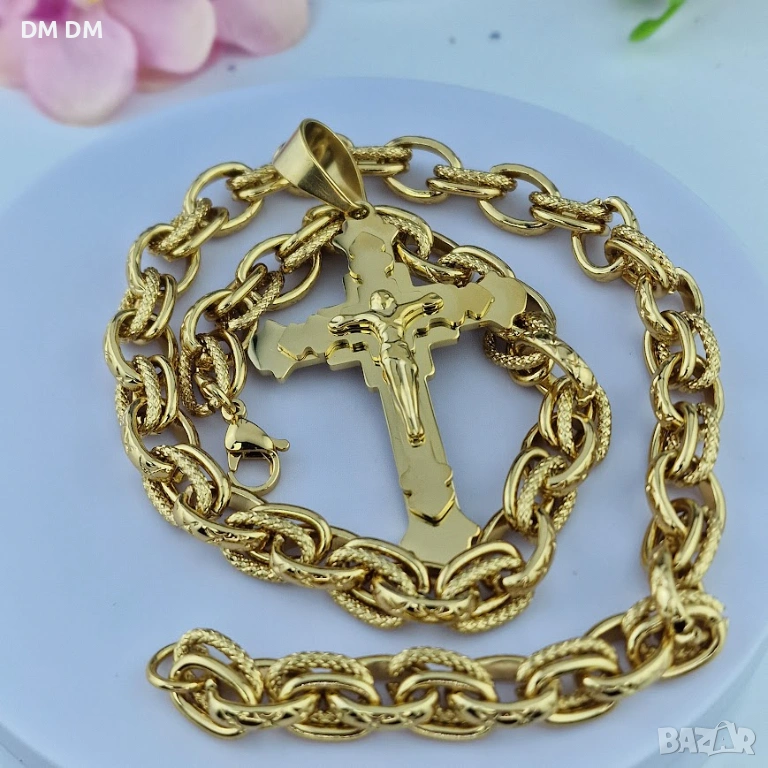 Massive Cross Chain мъжки ланец и кръст с позлата, снимка 1