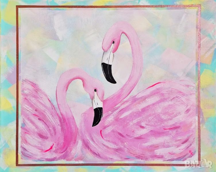 Ръчно рисувана картина Flamingo love, снимка 1