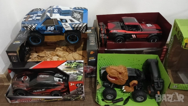 4броя детски коли с дистанционно управление rc джип динозавър състезателна кола бъги звук светлини 2