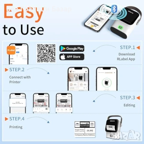 Нов Преносим Bluetooth термален принтер за етикети с ролка 150 броя, снимка 3 - Принтери, копири, скенери - 53072776
