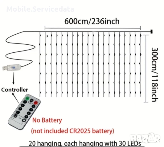 Светеща завеса 600 Led лампи 2х3м водоустойчива черен кабел, снимка 3 - Лед осветление - 52164006