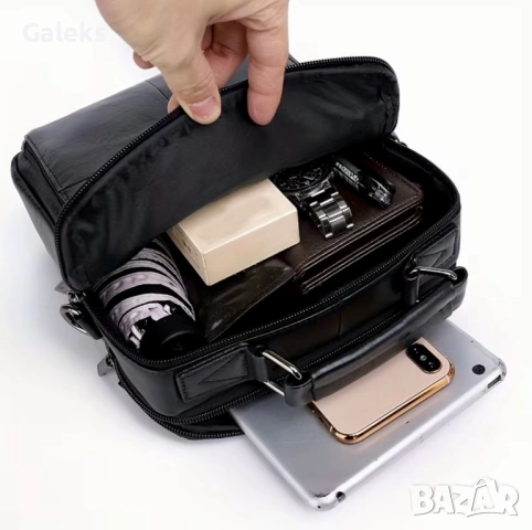 Мъжка обемна, функционална и елегантна кожена чанта / Черна естествена кожа!, снимка 8 - Чанти - 49279076