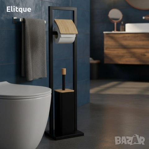 Стойка 2в1 Cheffinger за баня с тоалетна четка и държач за тоалетна хартия – метал и дърво, снимка 8 - Други стоки за дома - 53165365