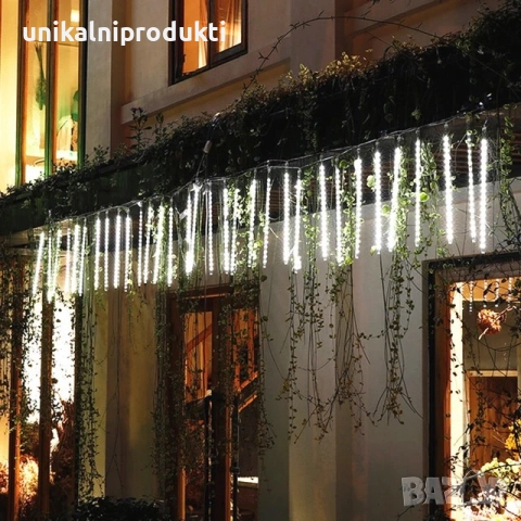 коледни лампички падащ сняг 3м х 50см 8бр. студено бяла светлина LED 
