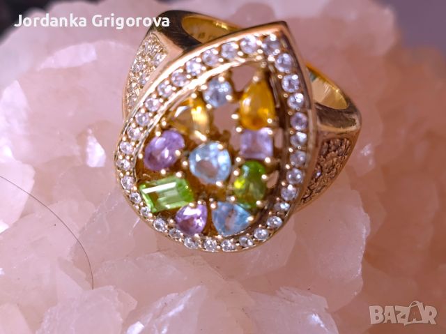 Уникален, сребърен пръстен,позлатен с естествени камъни, снимка 4 - Пръстени - 45871134