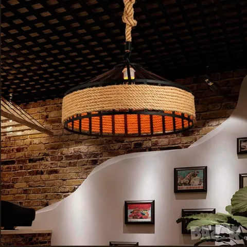 Конопено въже Индустриален стил Ретро лампа Висяща лампа Висящ тип Кръгла клетка Желязо E27 Полилей , снимка 3 - Лампи за таван - 34013296